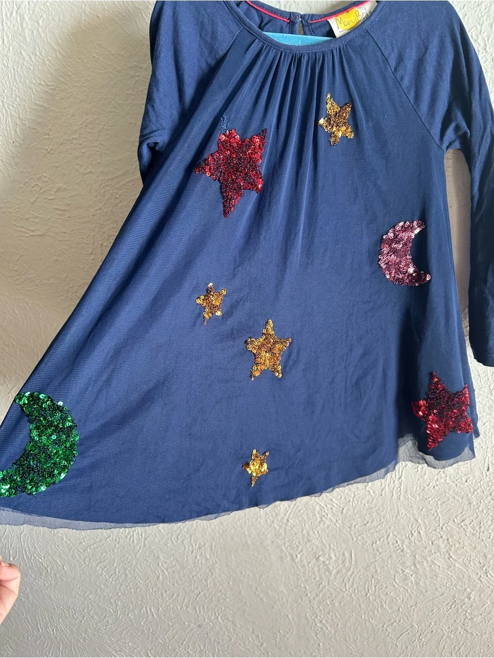 Mini Boden Sequin Star & Moon Mesh Dress Girls Size 3-4Y Celestial Sparkle Blue